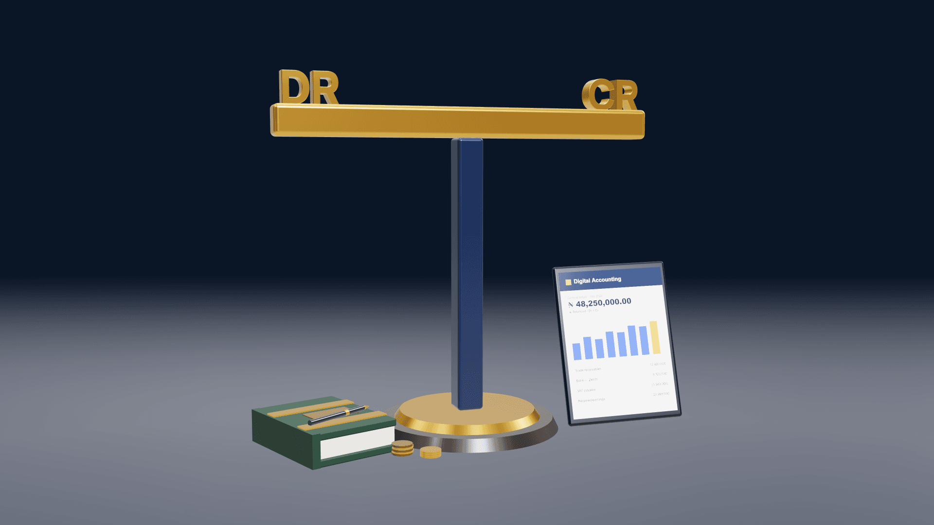 A brass T-account marked DR and CR on a desk: a leather ledger and pen on the debit side, a tablet running Digital Accounting on the credit side